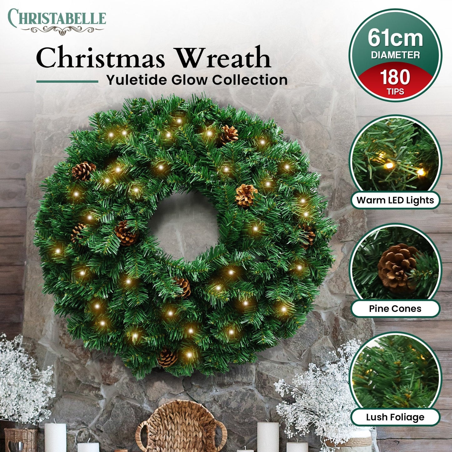 Christabelle 61cm Christmas Wreath Yuletide Glow with Pine Cones and LED Lights Front Door Decoration