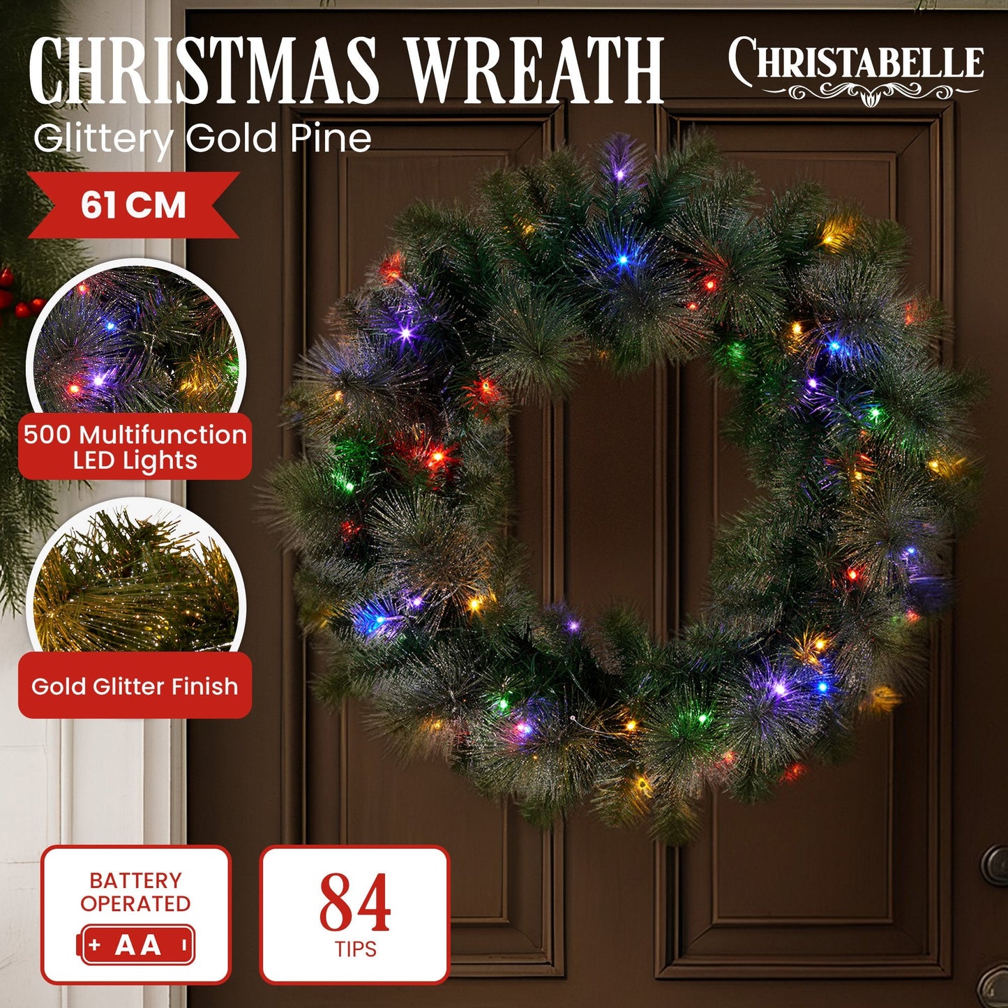 Christabelle 61cm Christmas Wreath LED Lights Glittery Gold Pine Front Door Decoration Ornament