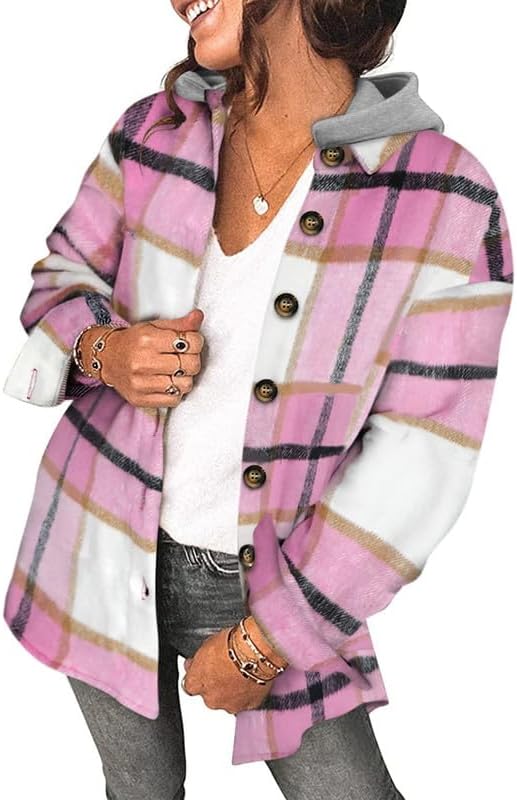 Womens Long Sleeve Button Down Plaid Shirts Flannel Hooded Shacket Jacket WILLLUXE