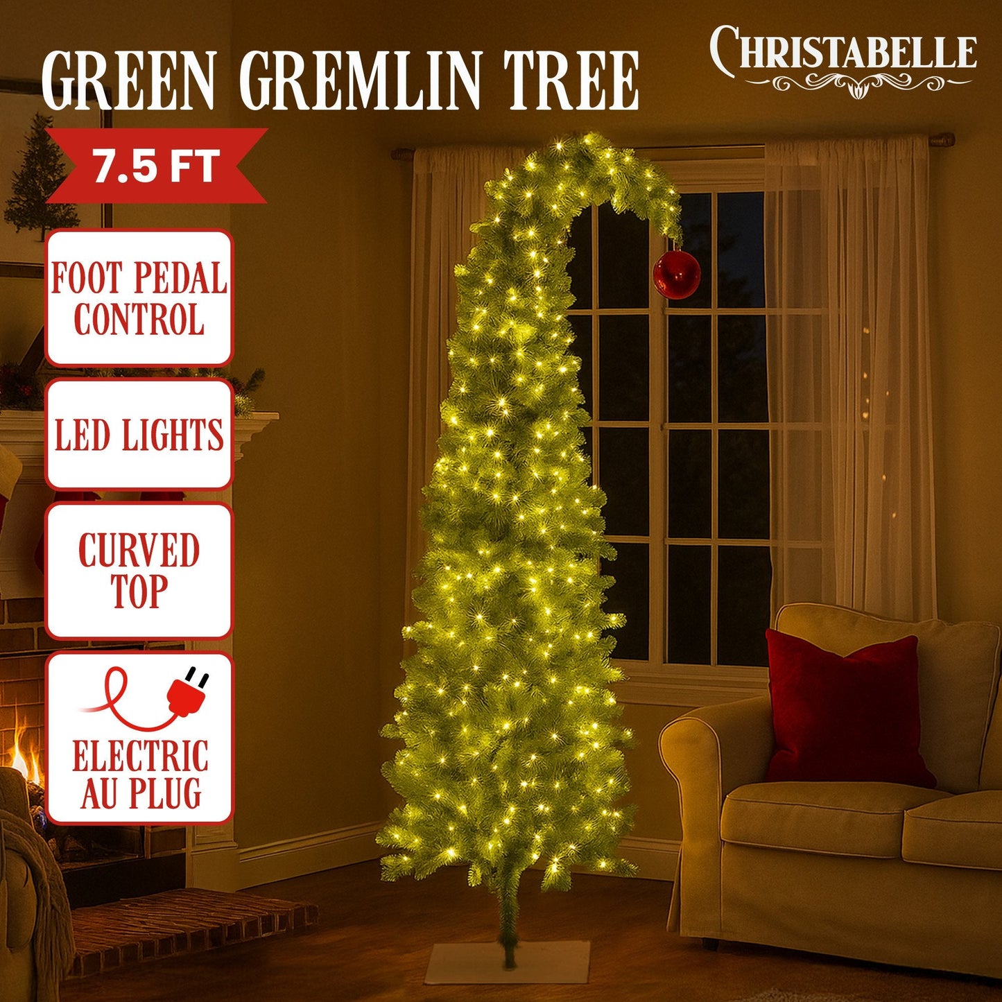 Christabelle 7.5ft Christmas Gremlin Tree Curved Top Red Bauble LED Lights