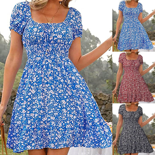 Women's Summer Sexy Casual Dress Boho Floral Printed High Waist Puff Sleeves Dresses Vintage Tunic Beach Mini Dress