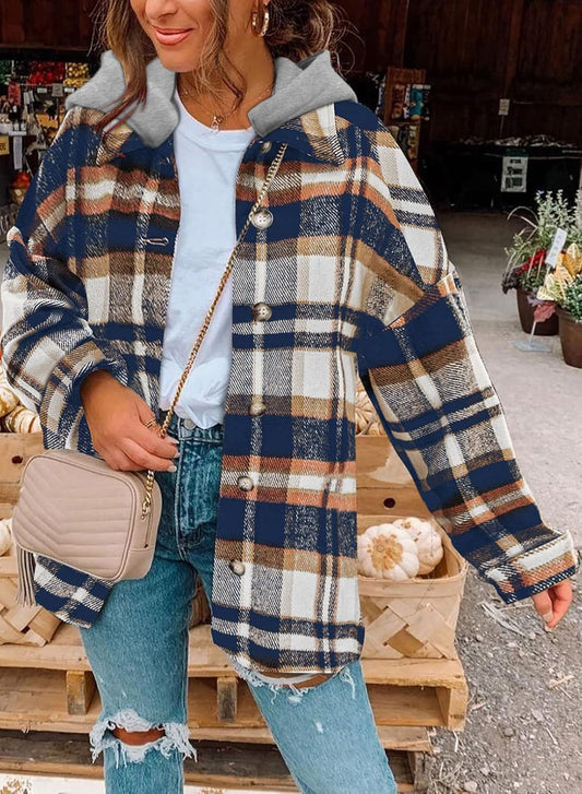 Womens Long Sleeve Button Down Plaid Shirts Flannel Hooded Shacket Jacket WILLLUXE