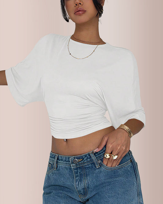 WILLLUXE® Women's Ruched Waist Crop Top Casual Short Sleeve Tee