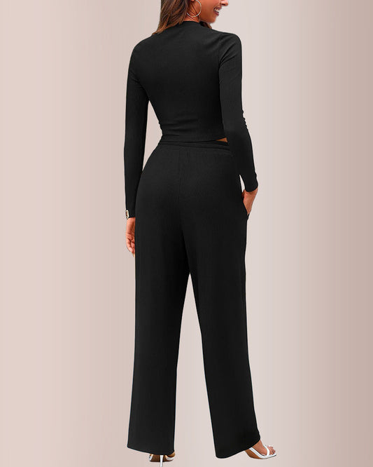 WILLLUXE® Ribbed Knit Crop Top & Wide-Leg Lounge Set
