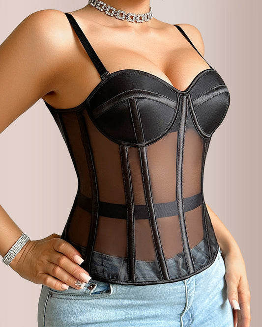 WILLLUXE® French Vintage Sheer Mesh Boned Corset Bustier Top