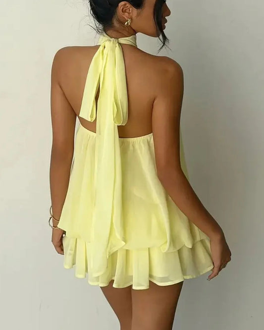 WILLLUXE® Halter Neck Ruffle Layered Mini Dress