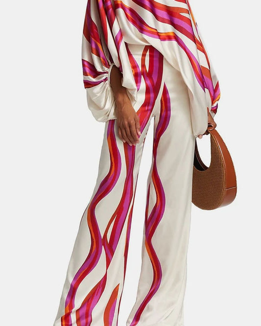 WILLLUXE® Fashion Print Satin 2 Piece Sets Women Casual Lantern Sleeve Off