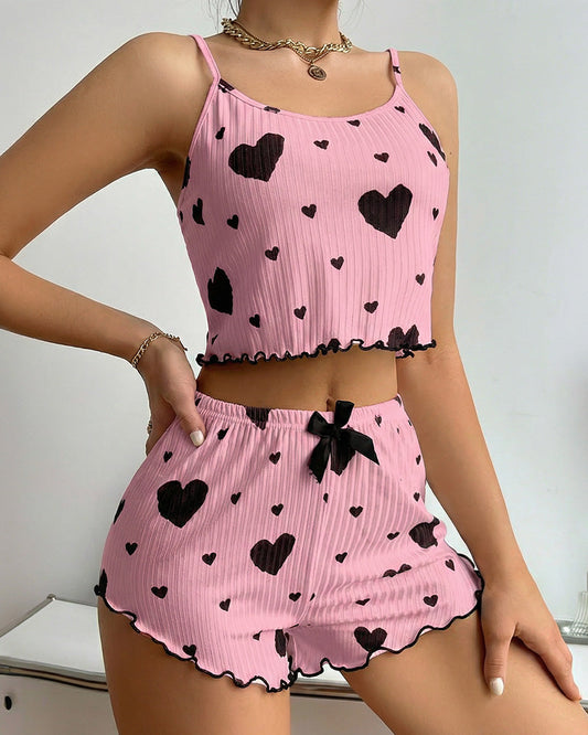 WILLLUXE® Sweetheart Ruffle Trim Ribbed Cami Pajama Set