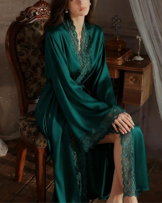 WILLLUXE® Elegant Satin Robe Soft Lace Trim Flared Long Sleeves Silky
