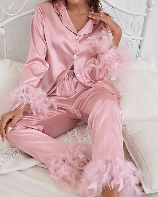 WILLLUXE® Ice Silk Feather Loose Pajama Set