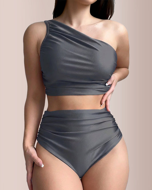 WILLLUXE® Asymmetrical Ruched High-Waist Swimwear