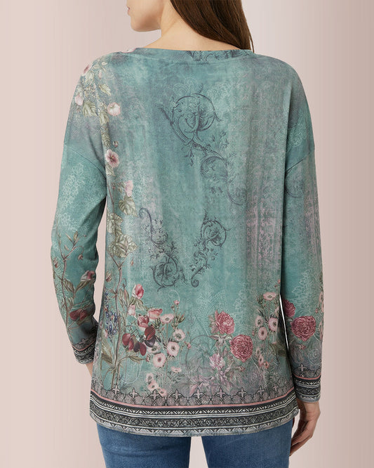 WILLLUXE® Floral Print Ring Zip Up Round Neck Long Sleeve T-Shirt