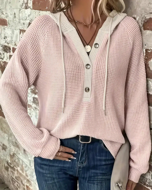 WILLLUXE® Waffle Knit Drawstring Button Front Contrast Binding Hoodie