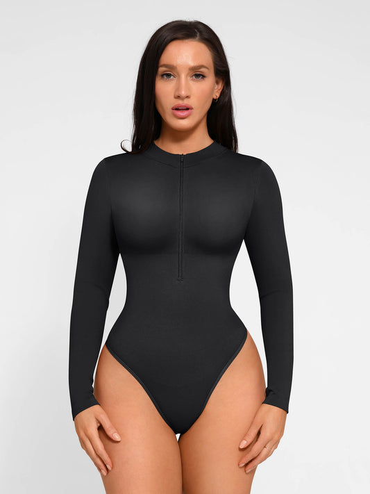 Willluxe Seamless Long Sleeve Zipper Thong Bodysuit