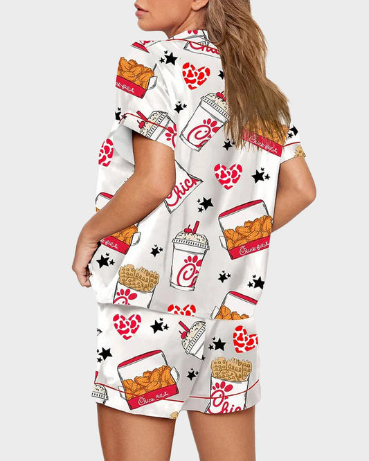 2-Piece Fried Chicken Print Satin Pajama Set