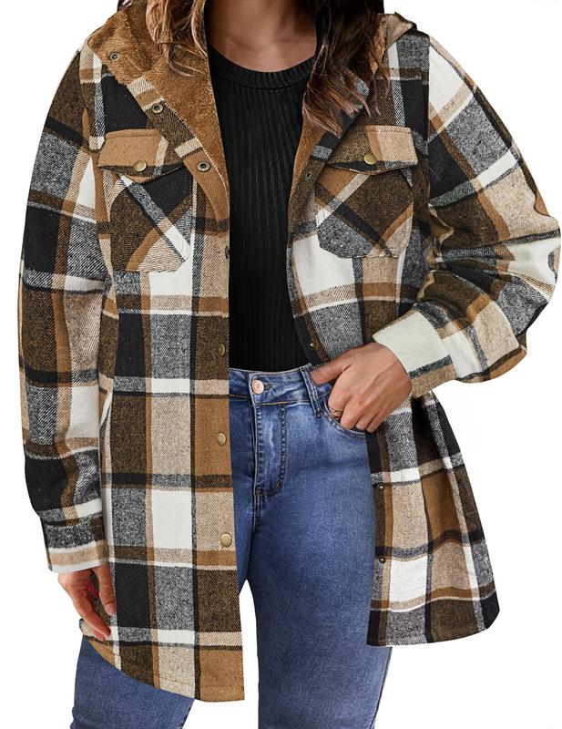 Plus Size Womens Flannel Plaid Shacket Long Sleeve Button Down Fleece Hooded Jacket Willluxe Store