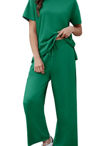 Willluxe® Women's 2-Piece Crew Neck Short Sleeve Casual Set – Soft Rayon Wide-Leg Pants Set