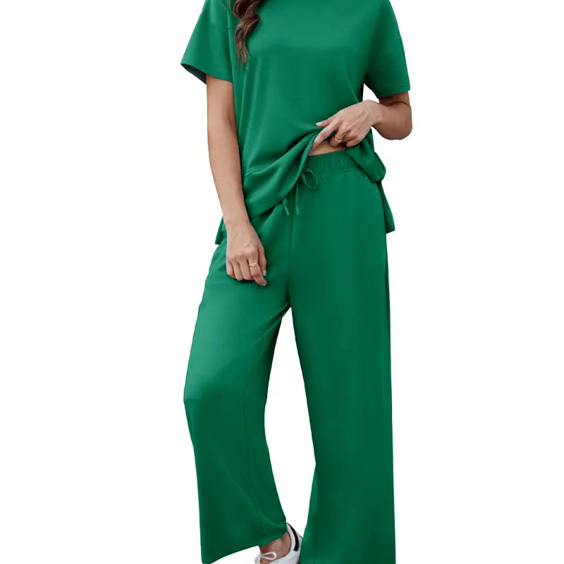 Willluxe® Women's 2-Piece Crew Neck Short Sleeve Casual Set – Soft Rayon Wide-Leg Pants Set