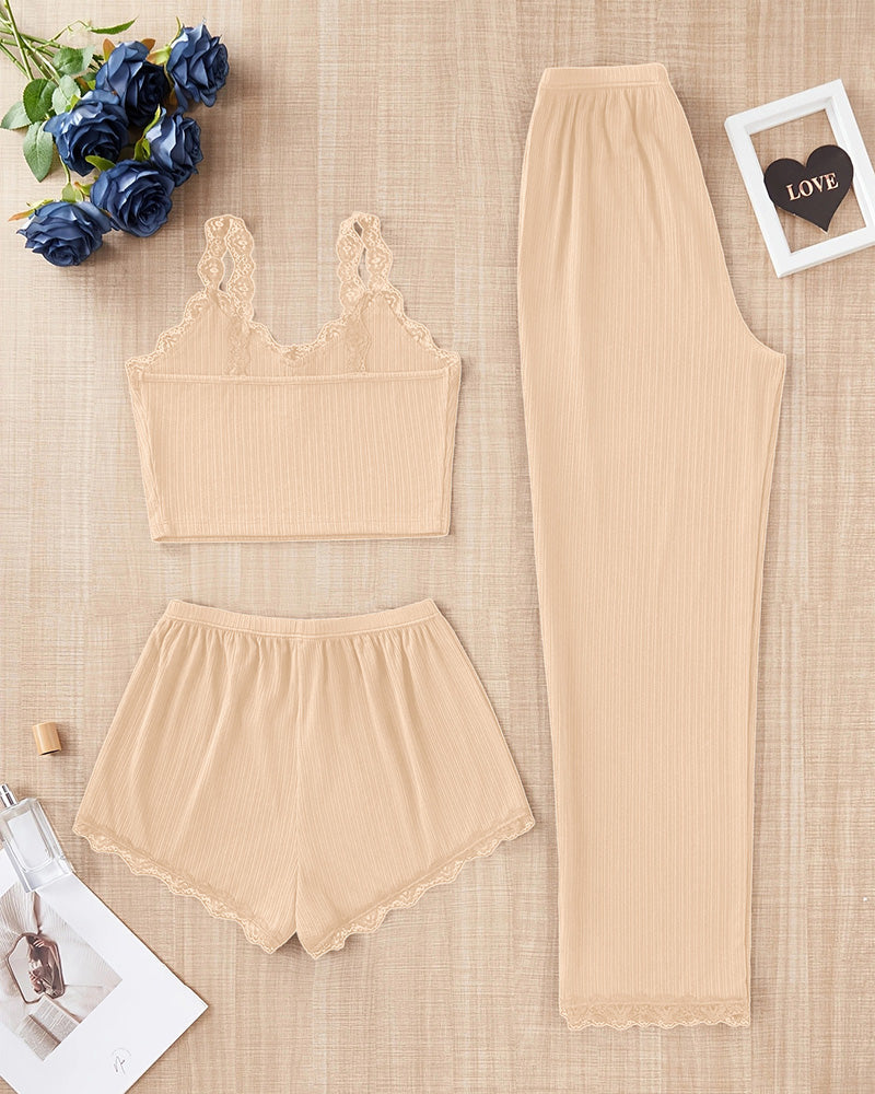 Willluxe® DreamWear – Knit Lace Trim Camisole Pajama Set (3 Colors)