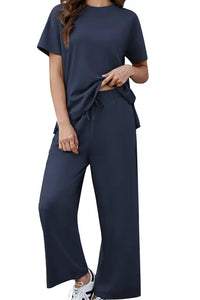 Willluxe® Women's 2-Piece Crew Neck Short Sleeve Casual Set – Soft Rayon Wide-Leg Pants Set