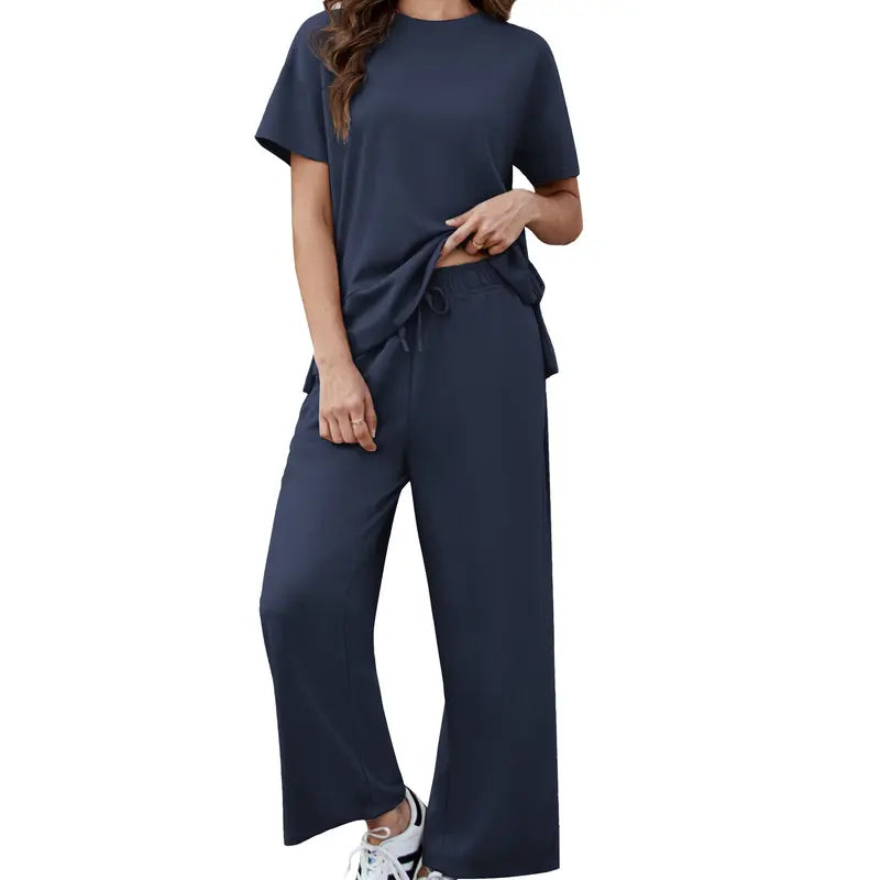 Willluxe® Women's 2-Piece Crew Neck Short Sleeve Casual Set – Soft Rayon Wide-Leg Pants Set