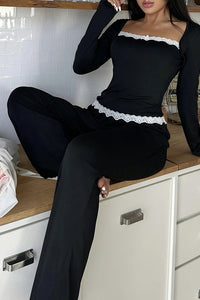 Willluxe® CozyEase – Black Long-Sleeve Lace-Trim Pajama Set
