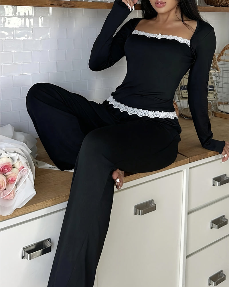 Willluxe® CozyEase – Black Long-Sleeve Lace-Trim Pajama Set
