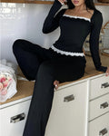 Willluxe® CozyEase – Black Long-Sleeve Lace-Trim Pajama Set