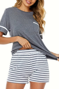 Willluxe® CozyWear – Gray Short-Sleeve Striped Pajama Set