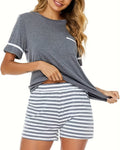 Willluxe® CozyWear – Gray Short-Sleeve Striped Pajama Set