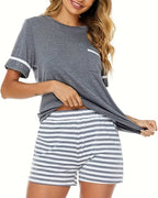 Willluxe® CozyWear – Gray Short-Sleeve Striped Pajama Set