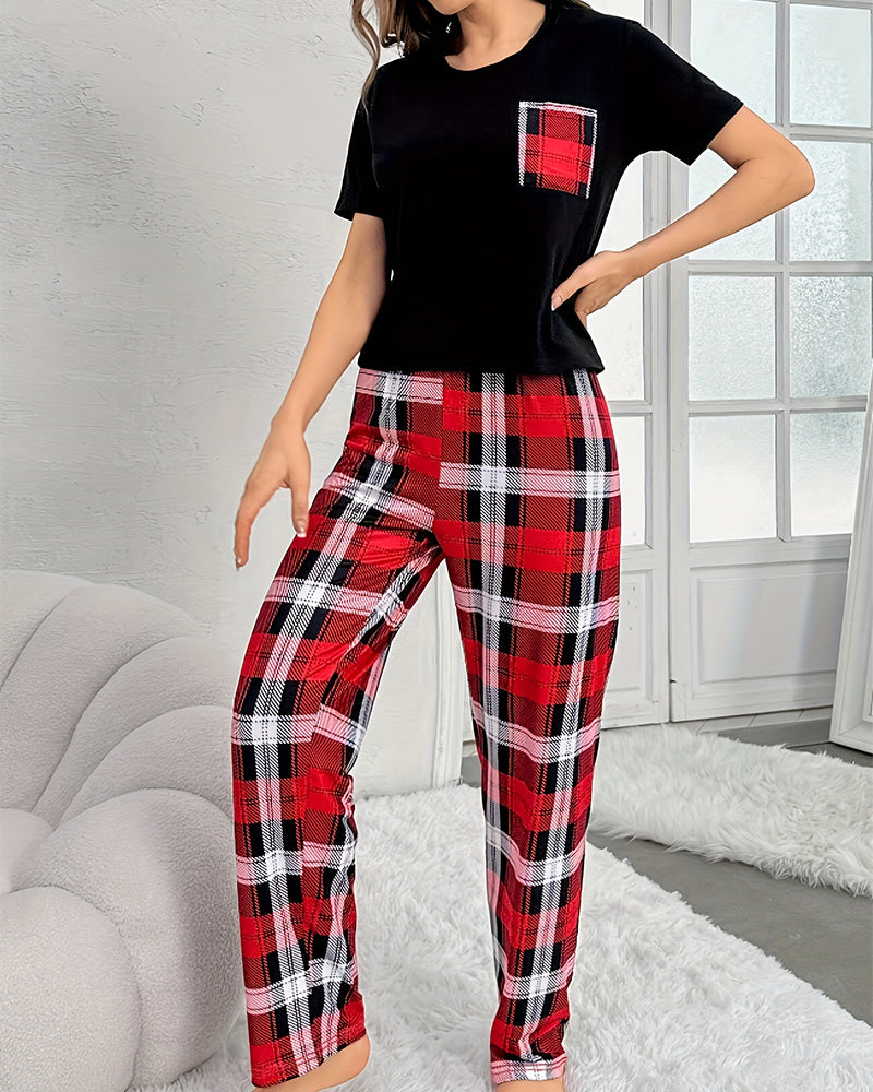 Willluxe® CozyWear – Black Short-Sleeve & Red Plaid Pajama Pants Set