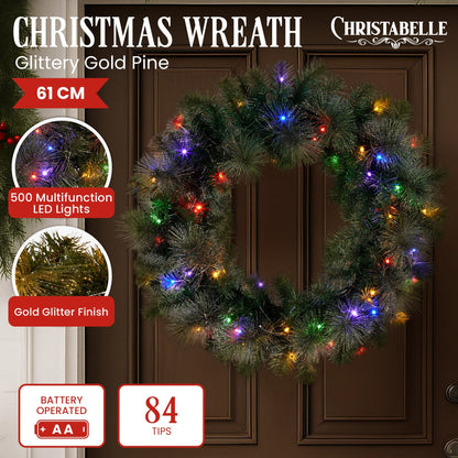 Christabelle 61cm Christmas Wreath LED Lights Glittery Gold Pine Front Door Decoration Ornament