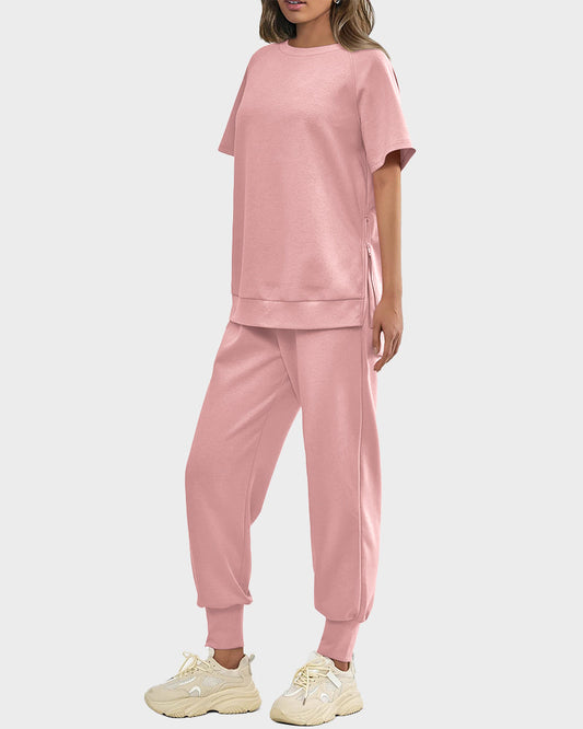 2-Piece Lounge Pullover & Pants Set with Zipper Slits