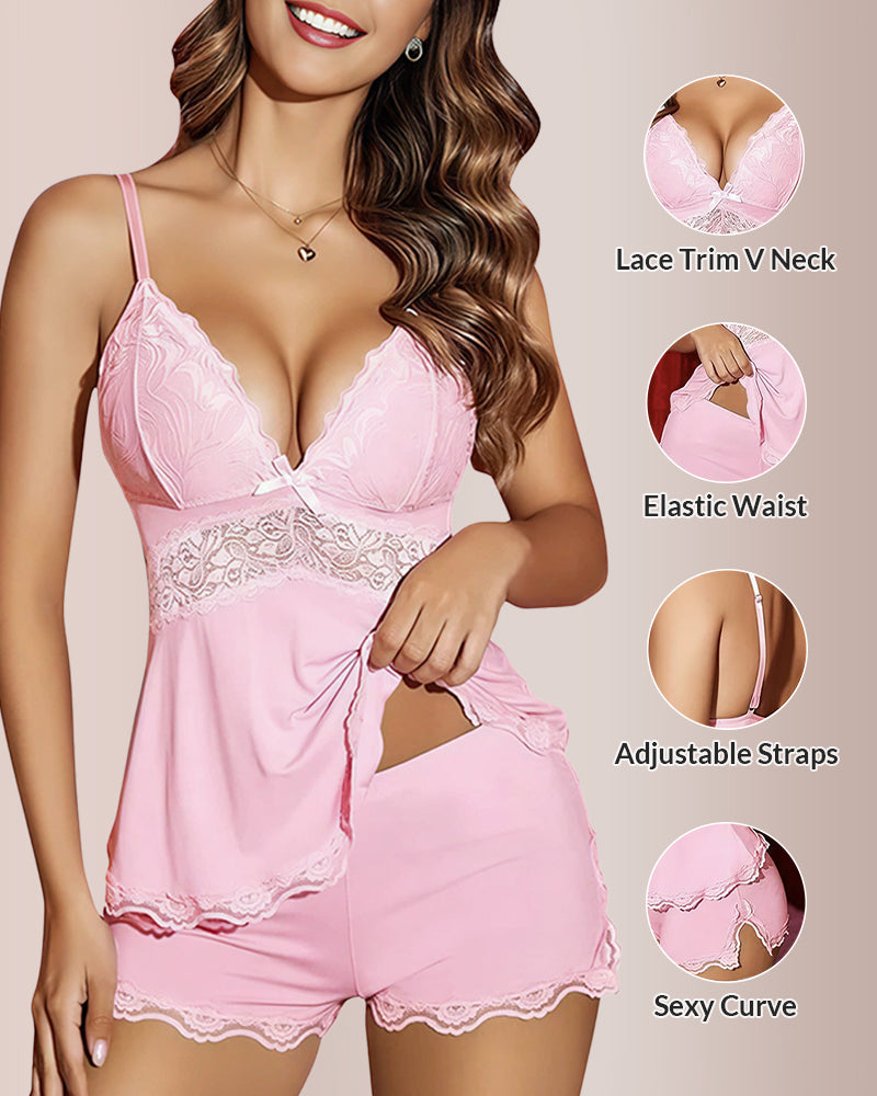 Willluxe® BlossomLace – Lace-Trim Cami & Shorts Pajama Set