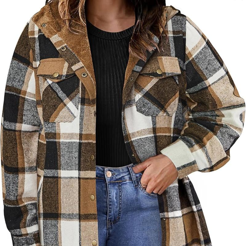 Plus Size Womens Flannel Plaid Shacket Long Sleeve Button Down Fleece Hooded Jacket Willluxe Store