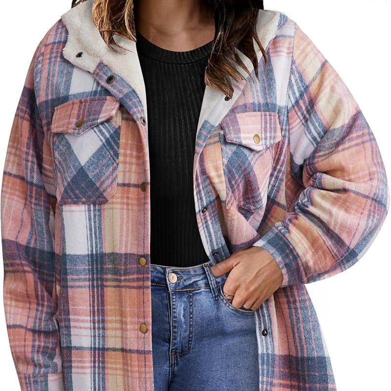Plus Size Womens Flannel Plaid Shacket Long Sleeve Button Down Fleece Hooded Jacket Willluxe Store