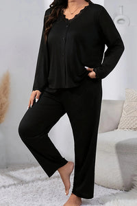 Willluxe® CozyWear – Black Long-Sleeve Lace-Trim Pajama Set