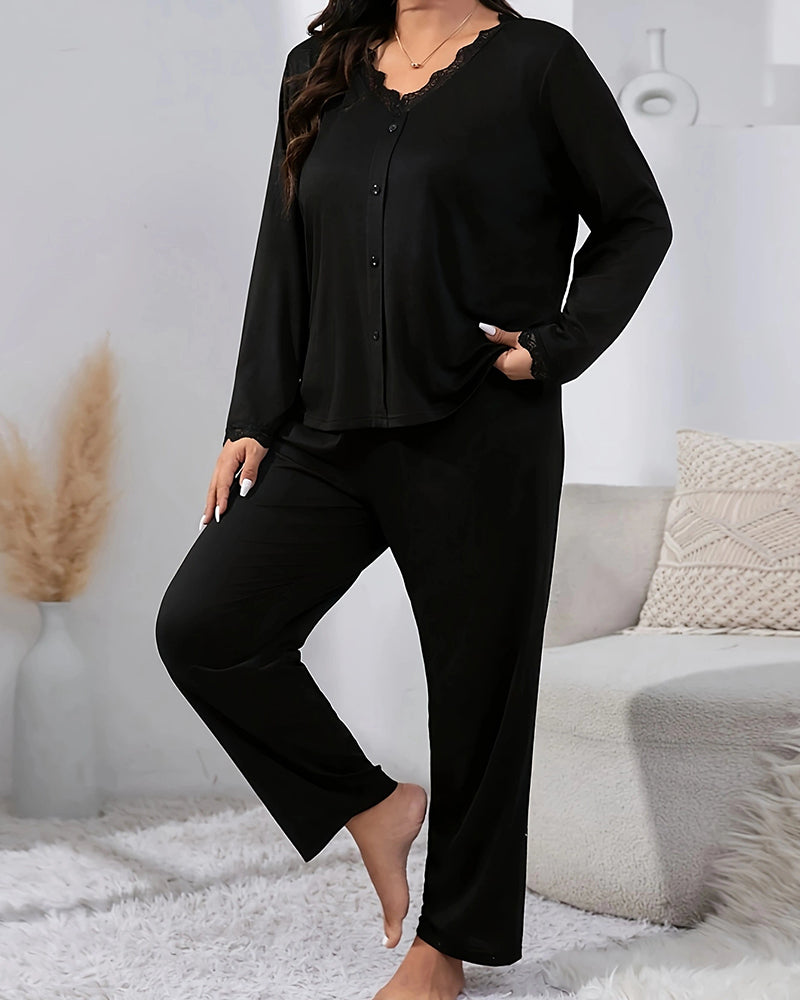 Willluxe® CozyWear – Black Long-Sleeve Lace-Trim Pajama Set