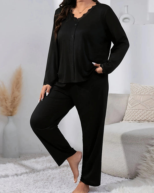 WILLLUXE® CozyWear – Black Long-Sleeve Lace-Trim Pajama Set