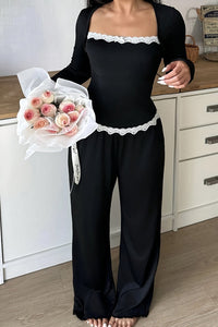Willluxe® CozyEase – Black Long-Sleeve Lace-Trim Pajama Set