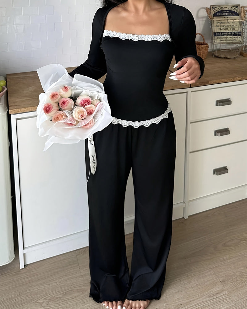 Willluxe® CozyEase – Black Long-Sleeve Lace-Trim Pajama Set