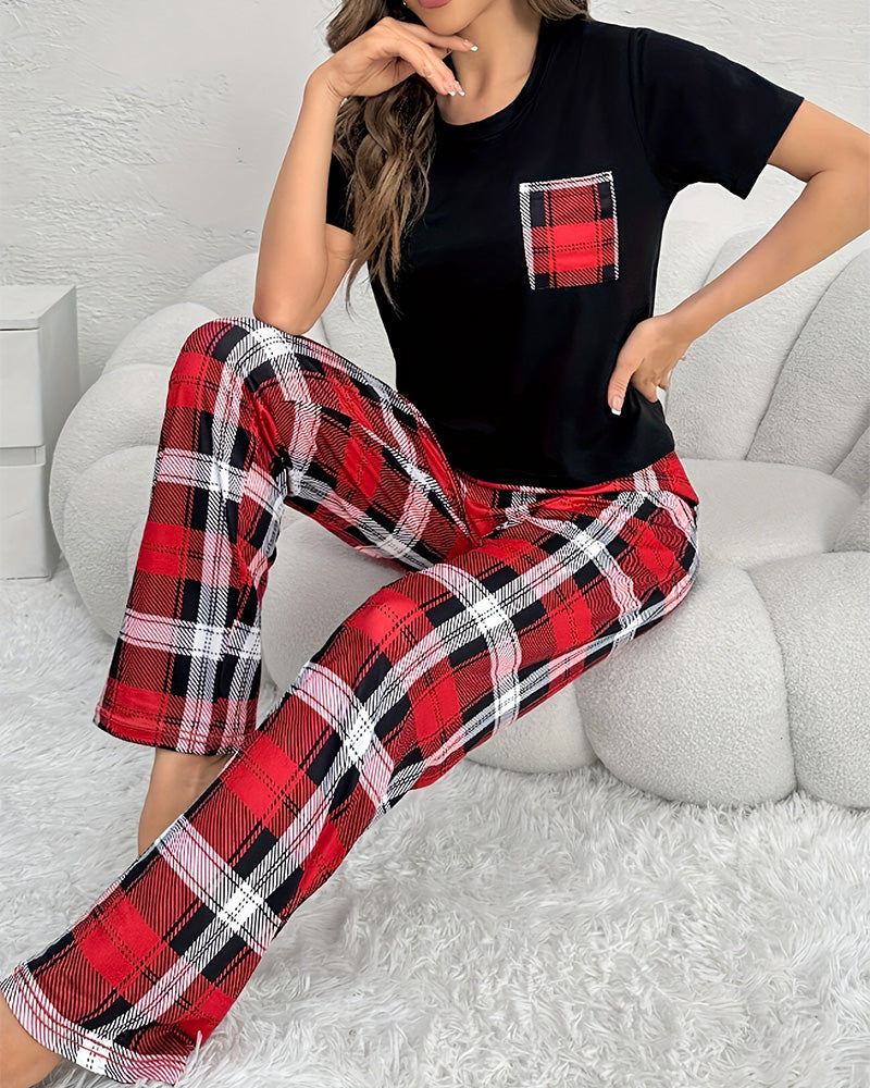 Willluxe® CozyWear – Black Short-Sleeve & Red Plaid Pajama Pants Set