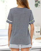 Willluxe® CozyWear – Gray Short-Sleeve Striped Pajama Set