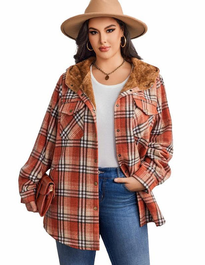 Plus Size Womens Flannel Plaid Shacket Long Sleeve Button Down Fleece Hooded Jacket Willluxe Store
