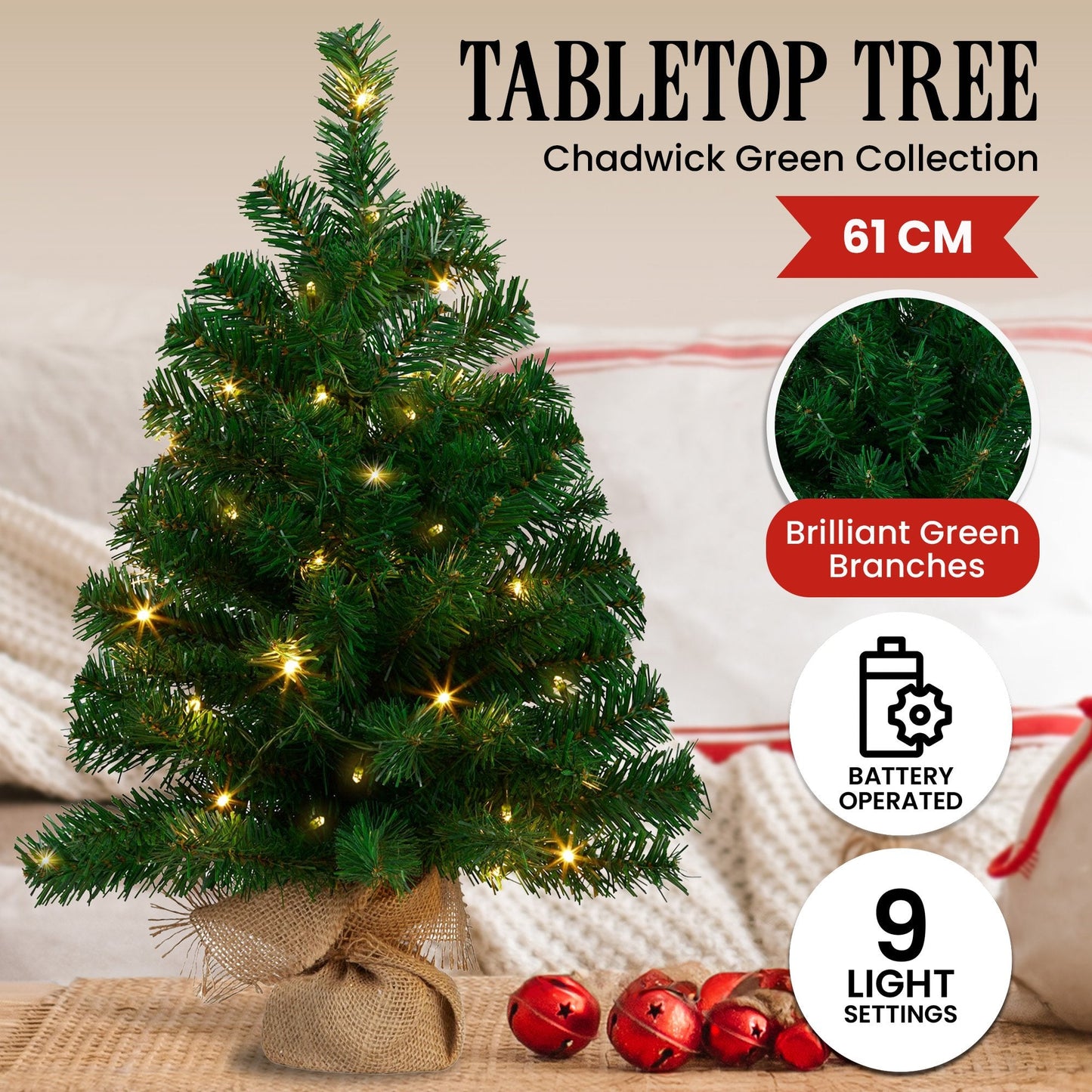 Christabelle 61cm Christmas Tree Chadwick Green Pre-Lit LED Lights Tabletop Mini Small