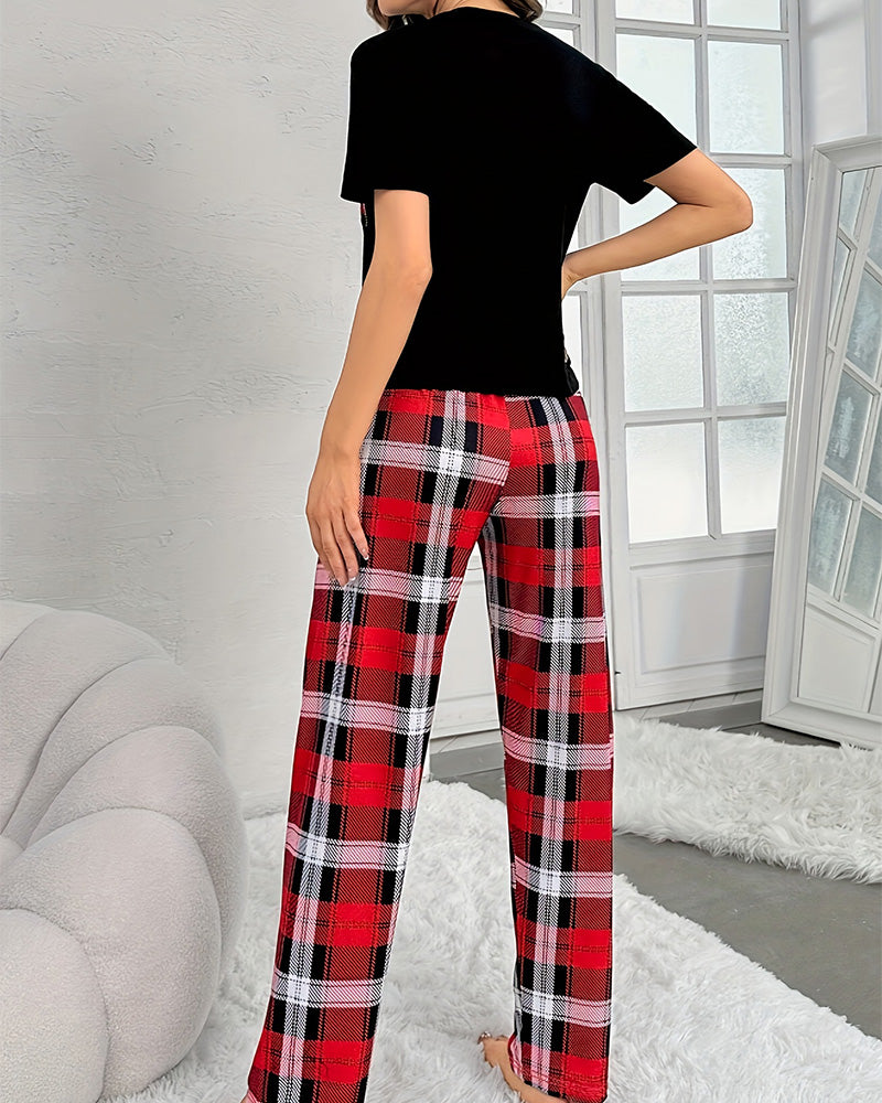 Willluxe® CozyWear – Black Short-Sleeve & Red Plaid Pajama Pants Set