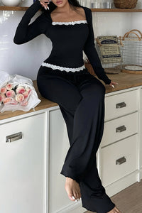 Willluxe® CozyEase – Black Long-Sleeve Lace-Trim Pajama Set