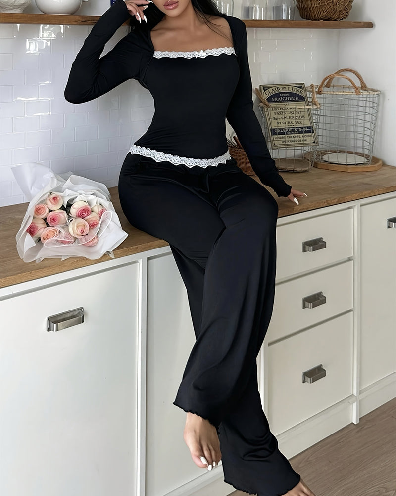 Willluxe® CozyEase – Black Long-Sleeve Lace-Trim Pajama Set