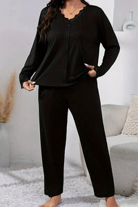 Willluxe® CozyWear – Black Long-Sleeve Lace-Trim Pajama Set